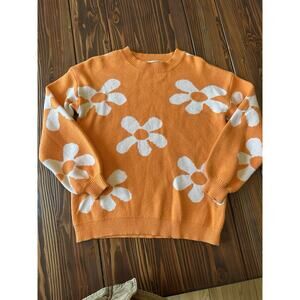 Eco Wish Orange Daisy Flower Knit Sweater Women’s Small Retro Floral